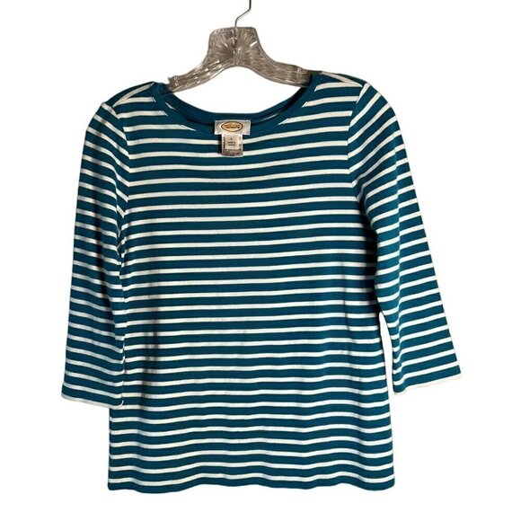Talbots Green and White Striped Women's Size Large Long Sleeve Tee - Picture 1 of 11
